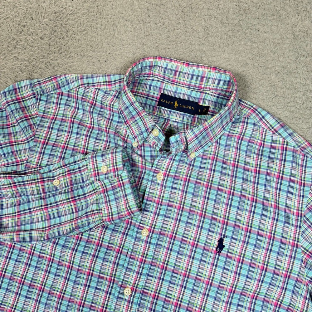 Ralph Lauren Mens Large Plaid Button Down Shirt Multi Color Cotton Long Sleeve